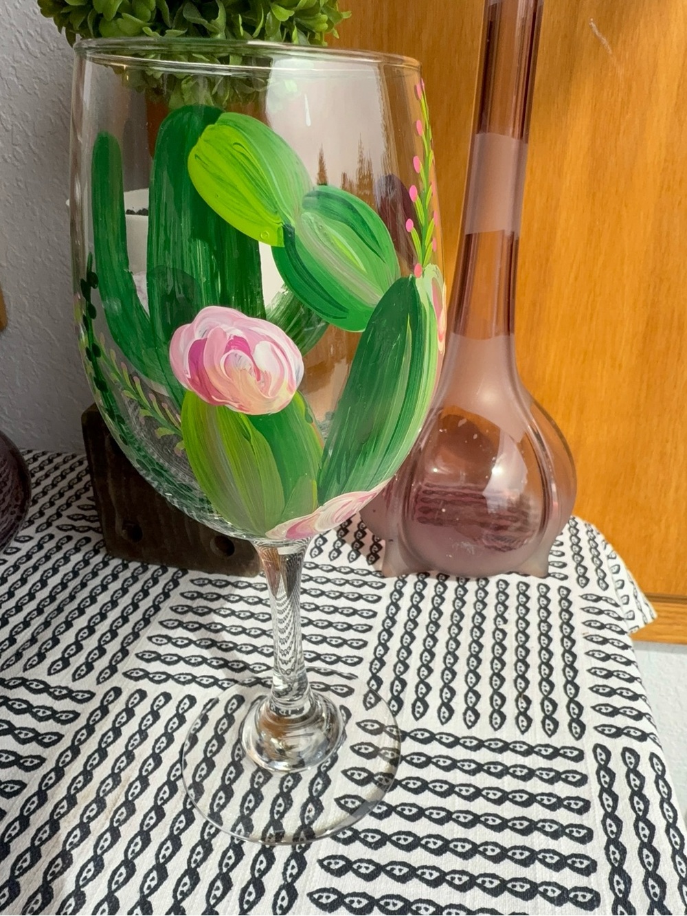 Hand-Painted Cactus Wine Glass